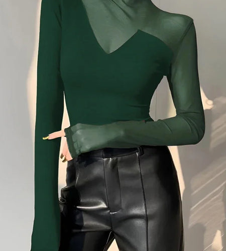 Summer Mesh Sexy T-Shirts Tops for Women Blue Black Long Sleeve Woman Asymmetric Skinny Green Tops Blouse