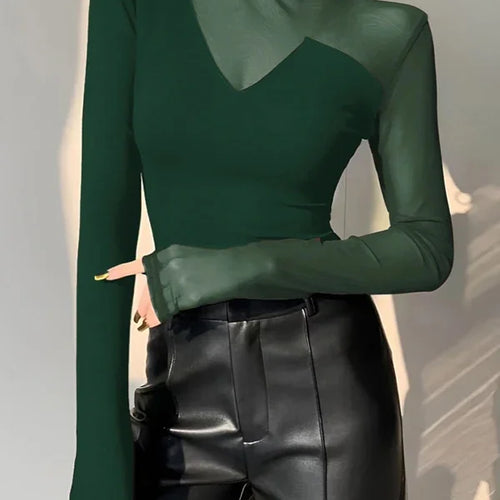 Load image into Gallery viewer, Summer Mesh Sexy T-Shirts Tops for Women Blue Black Long Sleeve Woman Asymmetric Skinny Green Tops Blouse
