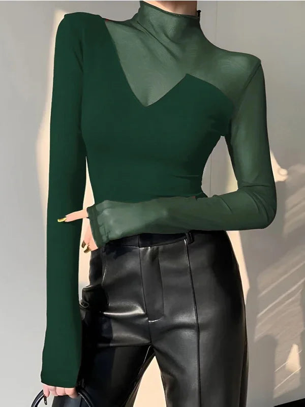 Summer Mesh Sexy T-Shirts Tops for Women Blue Black Long Sleeve Woman Asymmetric Skinny Green Tops Blouse