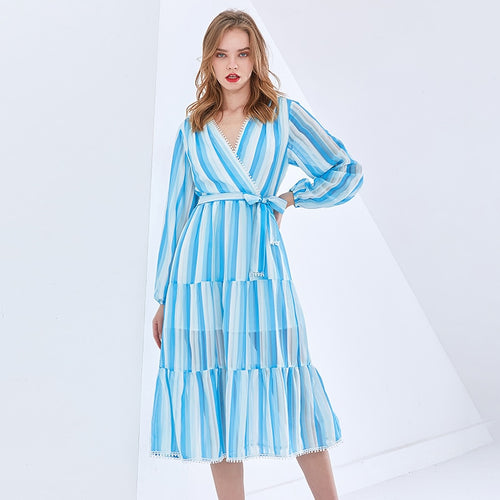 Load image into Gallery viewer, Hit Color Dresses For Women V Neck Long Sleeve High Waist Tunic Spliced Bowknot Summer Striped Dress Female Fashion
