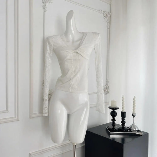 Load image into Gallery viewer, New 2024 Women's Autumn White Lace V-neck Holiday Short T Shirt Black Elegant Long Sleeve Pleated Bottom Tops Fashion Versatile
