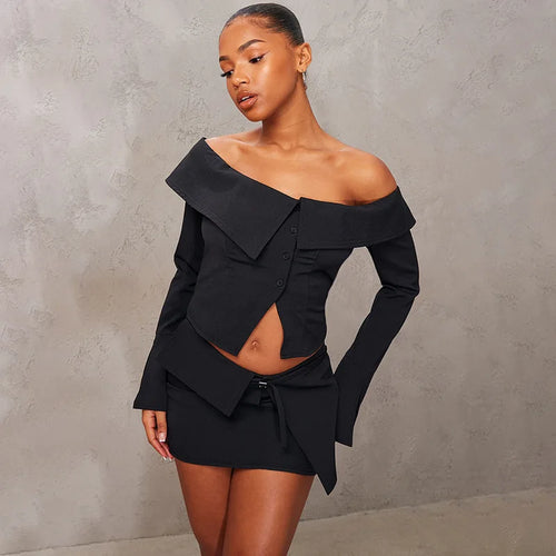Load image into Gallery viewer, Sexy Two Piece Sets Women Off-shoulder Long Sleeve T-shirt And Mini Skirt Matching Sets Backless Sexy 2 Piece Sets
