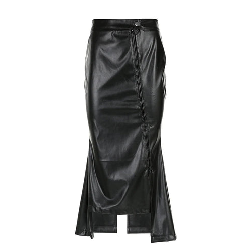 Load image into Gallery viewer, Asymmetrical Folds Black Leather Skirt Ladies Elegant Folds Zipper Sexy Long Skirt Clubwear Party Fashion Slit Bottom
