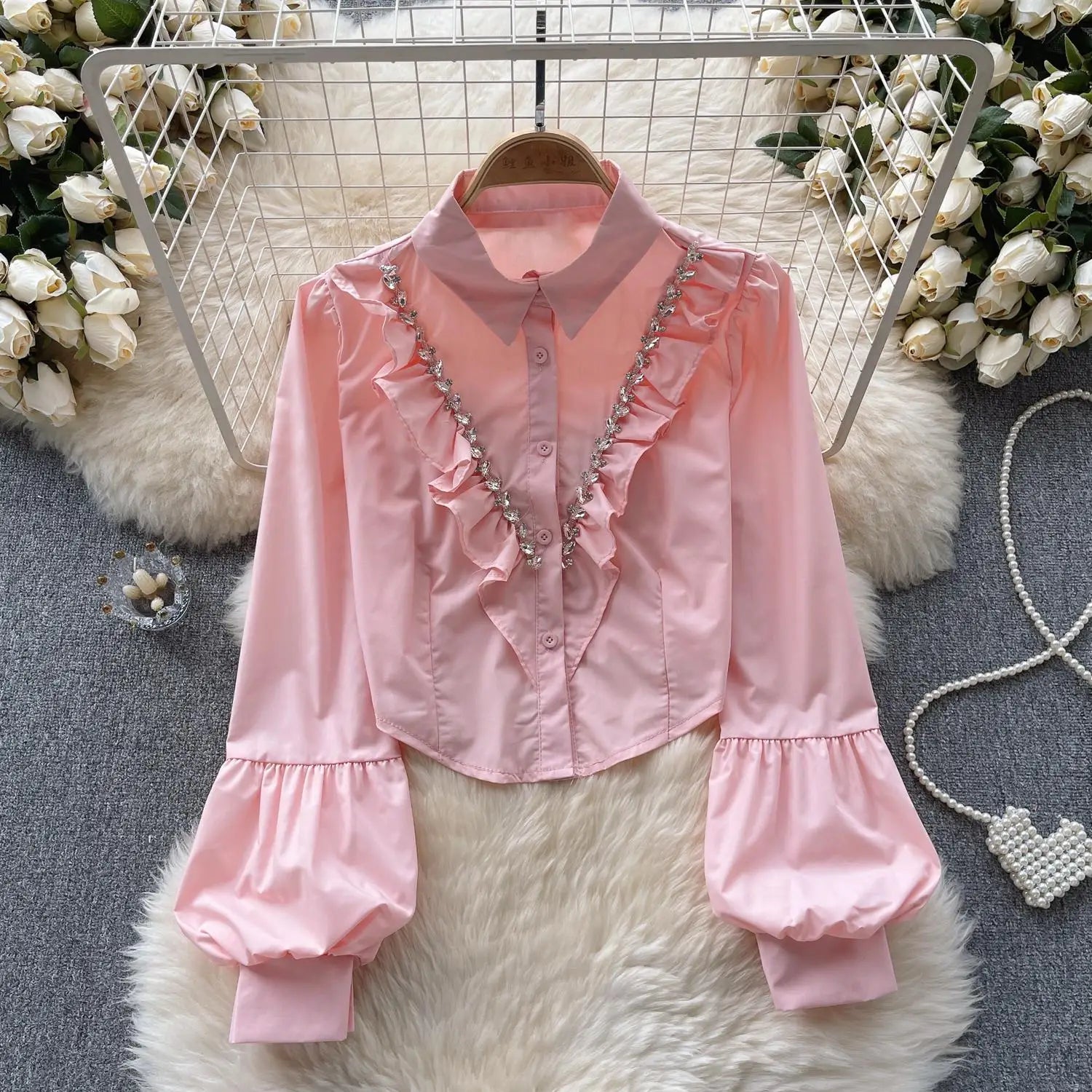 French Vintage Solid Elegant Long Sleeve Ruffle Tops Autumn Female Turn-down Collar Shirt Women Button Versatile Pleated Blouse