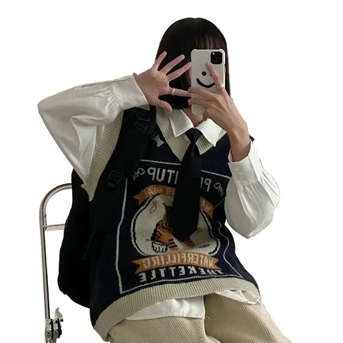 Load image into Gallery viewer, Sweater Vest Women Kawaii Cat Waistcoat Streetwear Knitting Chic Fashion College All-match Harajuku Y2k Vests Chandails
