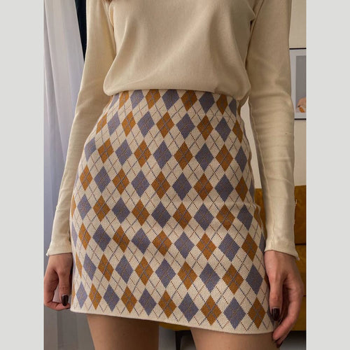 Load image into Gallery viewer, Vintage Rhombus Plaid Knitting Mini Skirt Fashion Women High Waist Bodycon One Step Sweater Skirt Jacquard B-007
