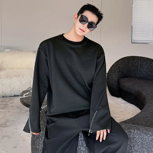 Load image into Gallery viewer, Men T-shirt Korean Fashion Jacquard Pattern Cuffs Split Zippers Round Neck Casual Long Sleeve Male Tops 9C5080
