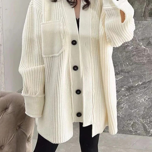 Load image into Gallery viewer, Solid Casual Knitted Sweaters For Women V Neck Long Sleeve Spliced Single Breasted Loose Sweater Female Fashion
