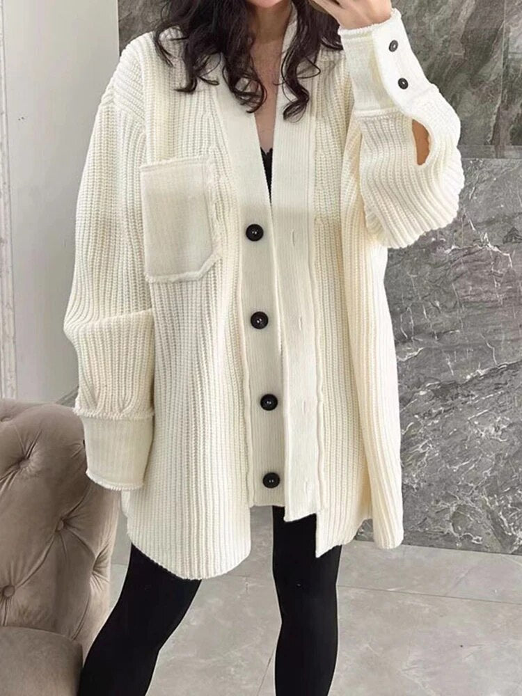 Solid Casual Knitted Sweaters For Women V Neck Long Sleeve Spliced Single Breasted Loose Sweater Female Fashion