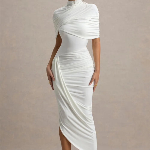 Load image into Gallery viewer, Half Sleeve Backless Ruched Sexy Maxi Dress Women Summer New Turtleneck Slim High Waist Evening Club Party Long Dress
