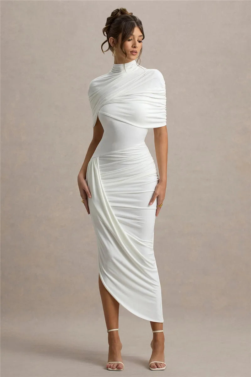 Half Sleeve Backless Ruched Sexy Maxi Dress Women Summer New Turtleneck Slim High Waist Evening Club Party Long Dress