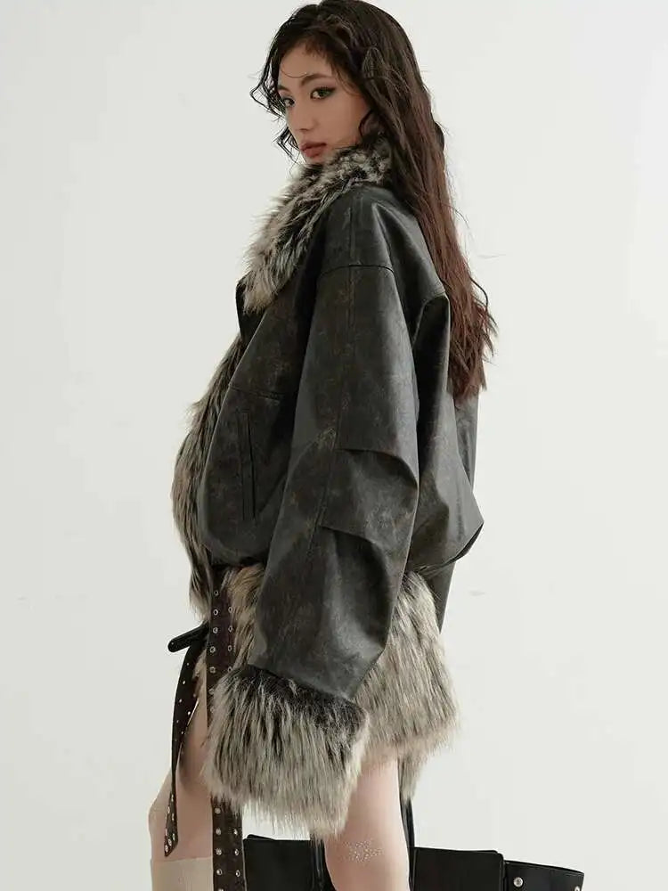 Women Gray Fur Spliced Bandage Elegant Mini Dress New Turtleneck Sleeveless Fashion Tide Spring Autumn 2025 1DH9342