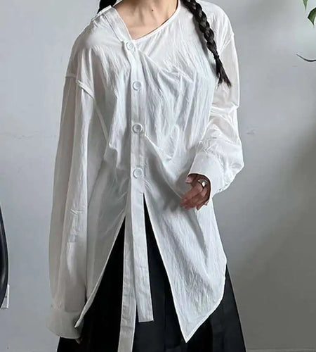 Women Balck Irregular Button Pleated Big Size Thin Blouse New V-neck Long Sleeve Shirt Fashion Spring Autumn 2025 1DJ0300