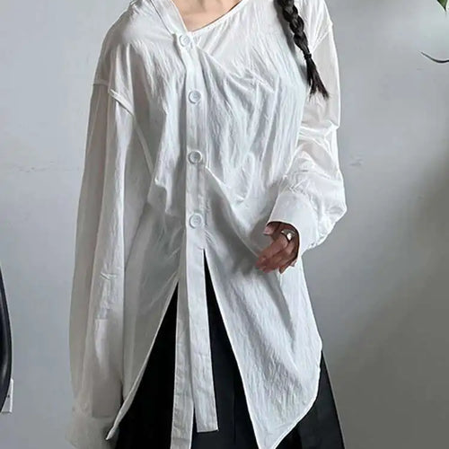 Load image into Gallery viewer, Women Balck Irregular Button Pleated Big Size Thin Blouse New V-neck Long Sleeve Shirt Fashion Spring Autumn 2025 1DJ0300
