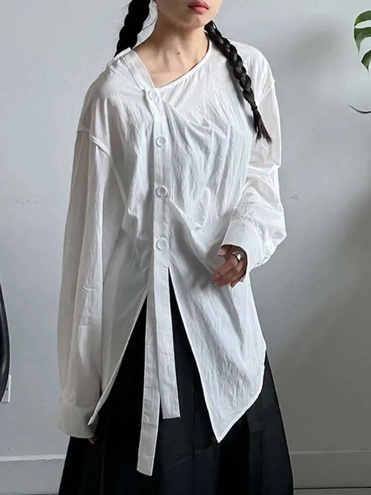 Women Balck Irregular Button Pleated Big Size Thin Blouse New V-neck Long Sleeve Shirt Fashion Spring Autumn 2025 1DJ0300