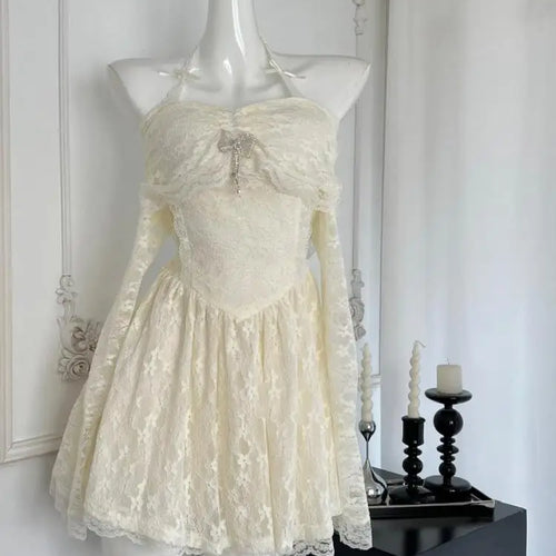 Load image into Gallery viewer, Vintage Women New Beige Lace Long Sleeve Halter Lace-up Princess Dress Autumn Elegant Sexy Backless Birthday Party Short Dresses
