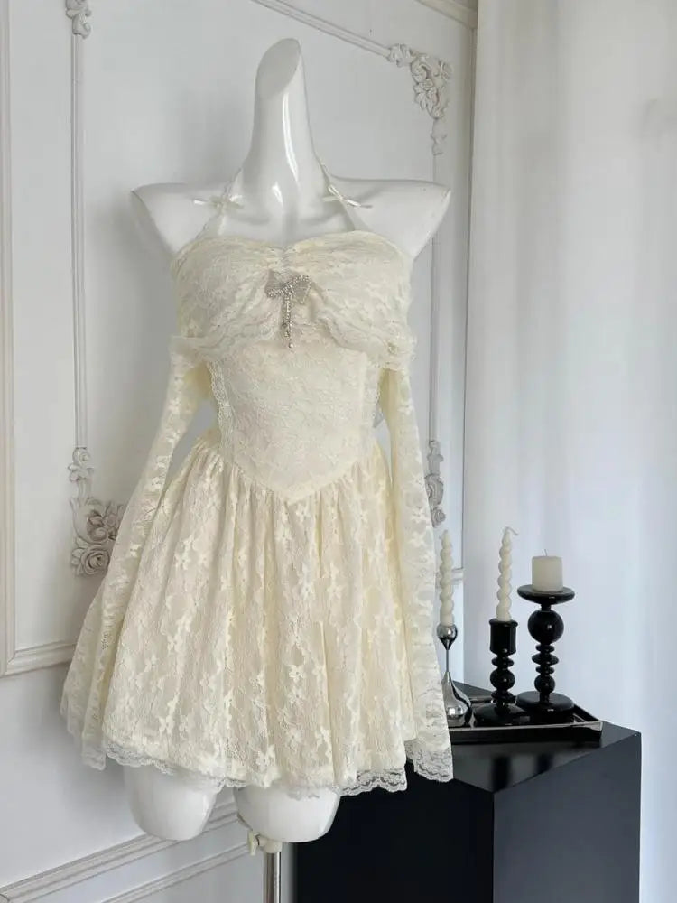 Vintage Women New Beige Lace Long Sleeve Halter Lace-up Princess Dress Autumn Elegant Sexy Backless Birthday Party Short Dresses