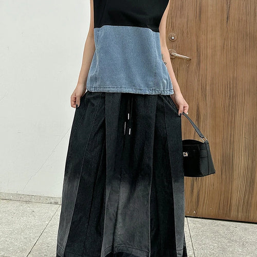 Load image into Gallery viewer, Women Black Denim Color-block Drawstring Big Size T-shirt New Round Neck Sleeveless Fashion Spring Summer 2025 1DJ1061
