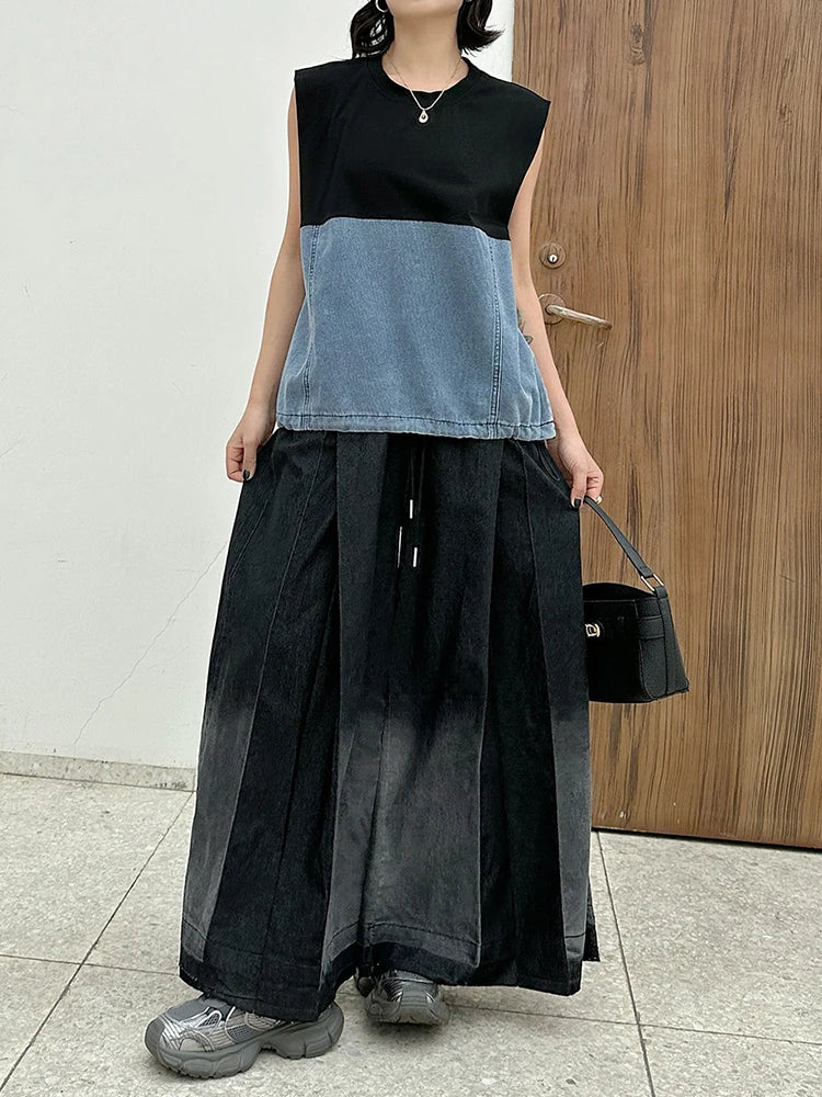 Women Black Denim Color-block Drawstring Big Size T-shirt New Round Neck Sleeveless Fashion Spring Summer 2025 1DJ1061