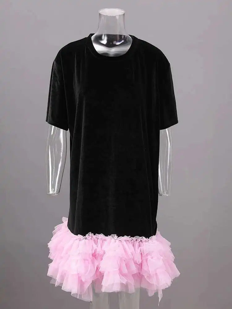 Women Green Mesh Ruffles Hem Big Size Knee-Length Dress New Round Neck Short Sleeve Fashion Spring Summer 2025 CPG2904