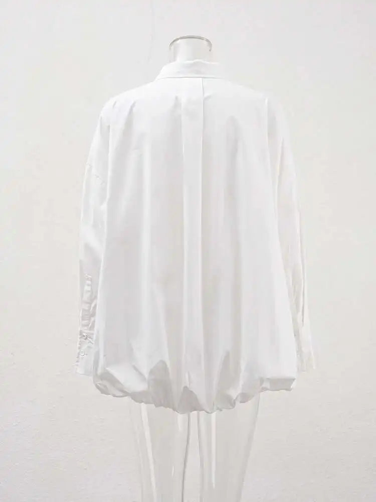 Women White Hem Elastic Big Size Elegant Blouse New Lapel Long Sleeve Shirt Fashion Tide Spring Autumn 2025 CPDB215
