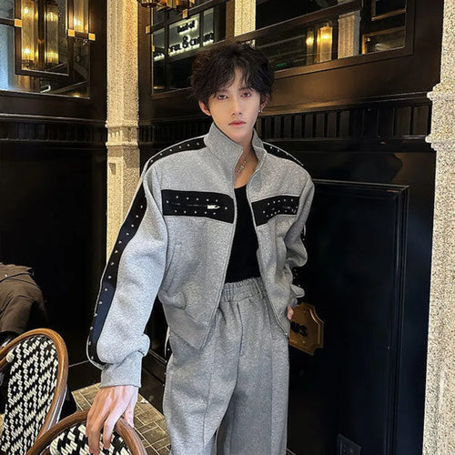 Load image into Gallery viewer, Men&#39;s Jacket Rivets Design Contrasting Color Stand Collar New Korean Shoulder Pad Jackets Multi Zippers Spring 2025 9W1344
