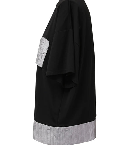 Women Black Pocket Color-block Topstitched Big Size T-shirt New Round Neck Short Sleeve Fashion Spring Summer 2025 1DH5356