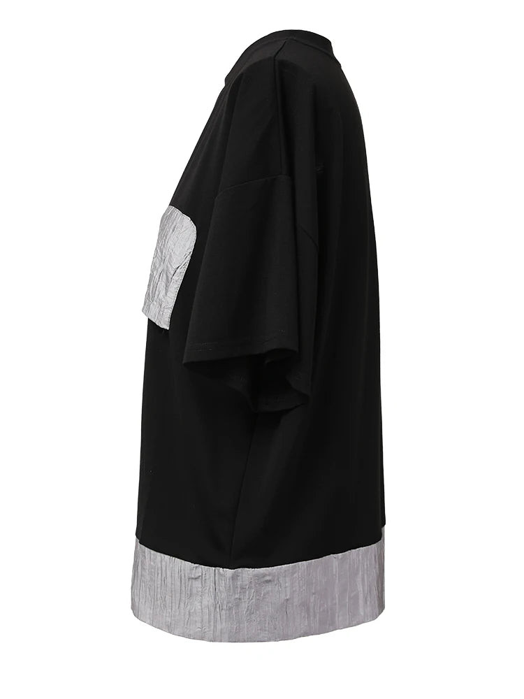 Women Black Pocket Color-block Topstitched Big Size T-shirt New Round Neck Short Sleeve Fashion Spring Summer 2025 1DH5356