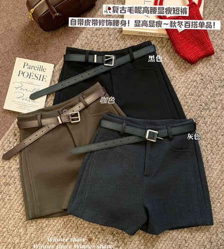 Korean 2024 New Women's Black Grey A-line Woolen Shorts Green High Waisted Thickshort Pants Autumn Winter Casual Versatile Trend