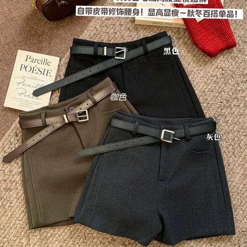 Load image into Gallery viewer, Korean 2024 New Women&#39;s Black Grey A-line Woolen Shorts Green High Waisted Thickshort Pants Autumn Winter Casual Versatile Trend
