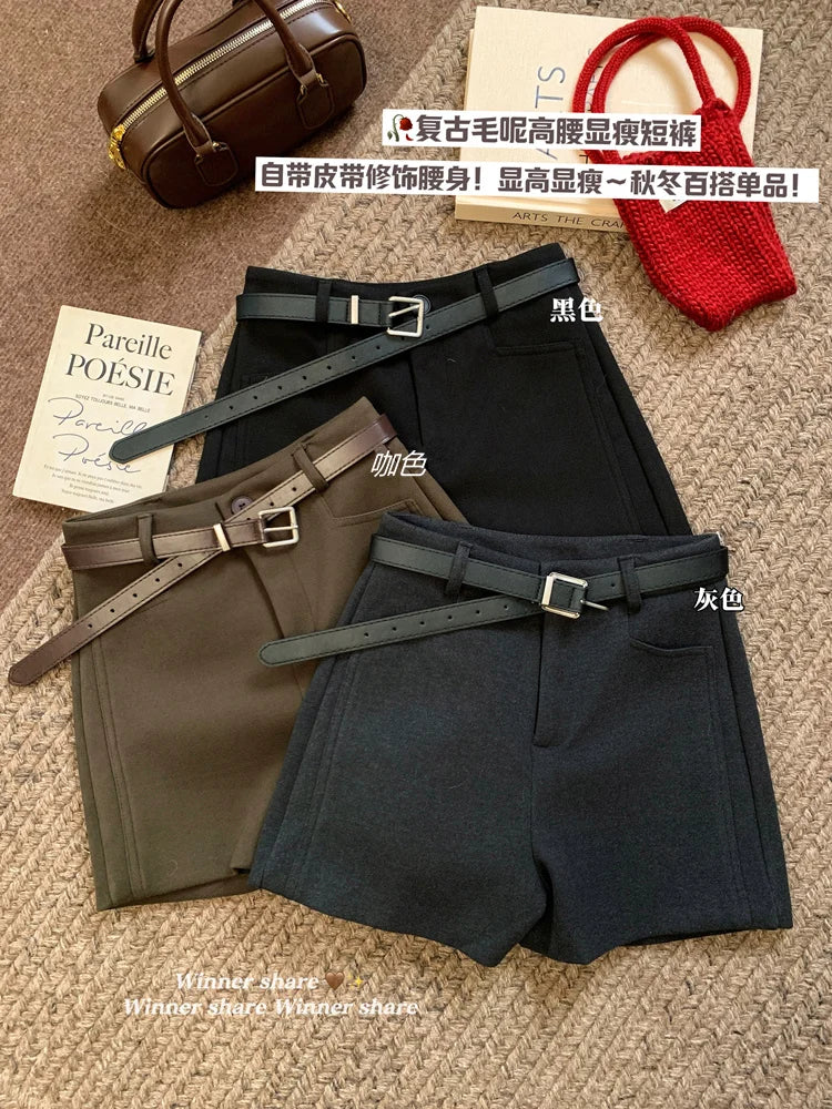 Korean 2024 New Women's Black Grey A-line Woolen Shorts Green High Waisted Thickshort Pants Autumn Winter Casual Versatile Trend