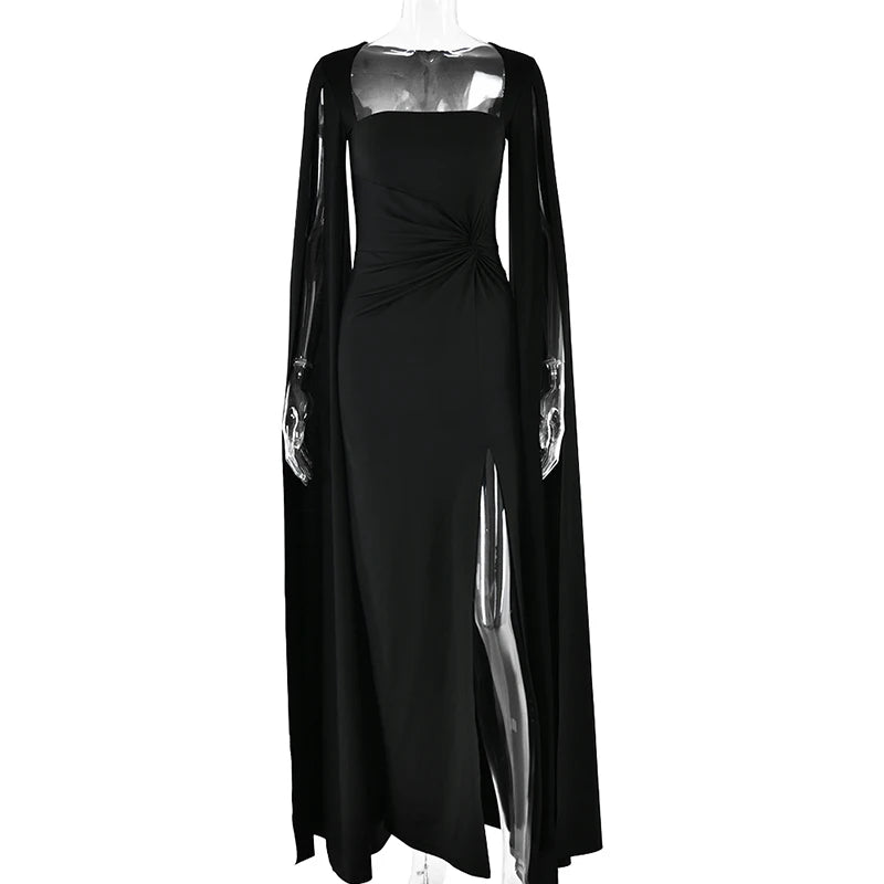 Long Cape Sleeve Split Maxi Dress For Women Gown Fashion Solid Square Collar Evening Sexy Long Dress Elegant New