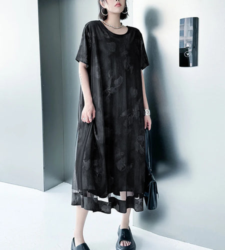 Women Black Printed Mesh Spliced Big Size Midi Dress New Round Neck Short Sleeve Fashion Tide Spring Summer 2025 1DJ0850
