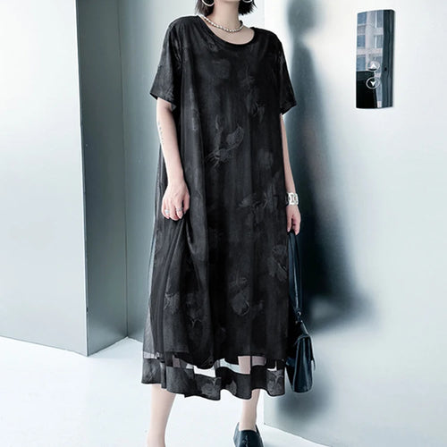 Load image into Gallery viewer, Women Black Printed Mesh Spliced Big Size Midi Dress New Round Neck Short Sleeve Fashion Tide Spring Summer 2025 1DJ0850
