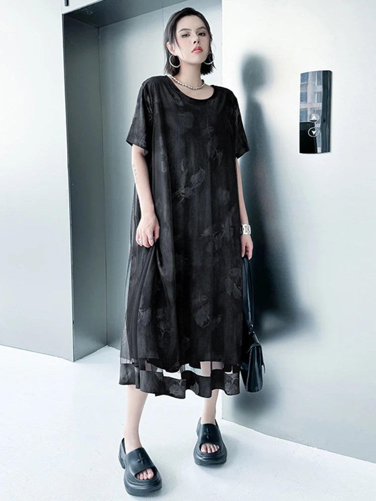 Women Black Printed Mesh Spliced Big Size Midi Dress New Round Neck Short Sleeve Fashion Tide Spring Summer 2025 1DJ0850
