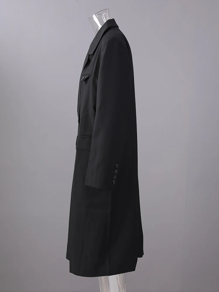 Women Black Double Breasted Big Size Long Blazer New Lapel Long Sleeve Jacket Fashion Tide Spring Autumn 2025 2R6701