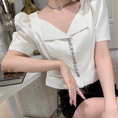 Load image into Gallery viewer, Summer Patchwork Diamonds Shirt For Women V Neck Puff Sleeve Solid Minimalist Blouses Female Fashion Clothing Style
