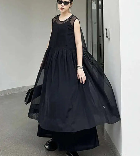 Women Black Mesh Perspective Pleated Big Size Elegant Dress New Round Neck Sleeveless Fashion Spring Summer 2025  1DH5841