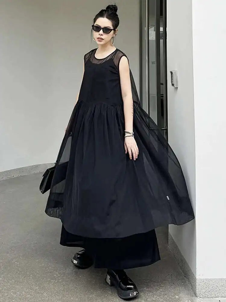 Women Black Mesh Perspective Pleated Big Size Elegant Dress New Round Neck Sleeveless Fashion Spring Summer 2025  1DH5841
