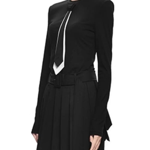 Load image into Gallery viewer, Colorblock Slimming Spliced Necktie Fashion T Shirts for Women Round Neck Long Sleeves Temperament T Shirt Female
