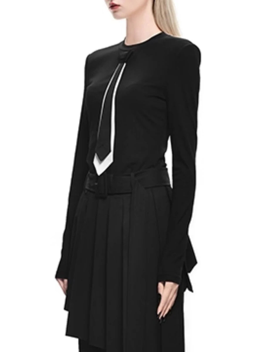 Colorblock Slimming Spliced Necktie Fashion T Shirts for Women Round Neck Long Sleeves Temperament T Shirt Female