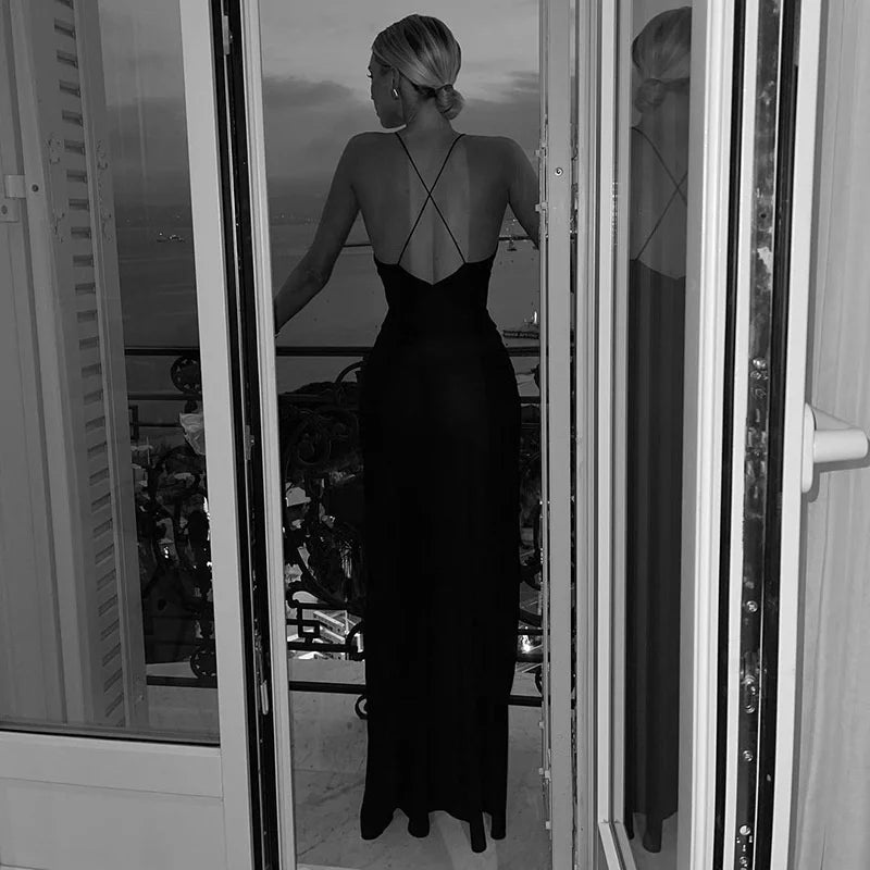 Deep V Neck Tie Flower Backless Maxi Dress Women New Spaghetti Strap Sleeveless Long Dress Elegant Sexy Club Slipdress