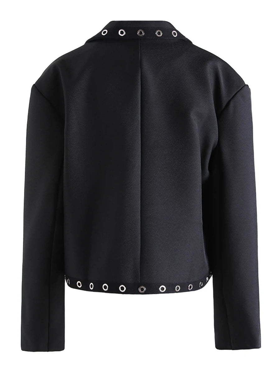 Solid Slimming Spliced Metal Ring Fashion Jackets for Women Lapel Long Sleeves Patchwork Button Jacket Female New