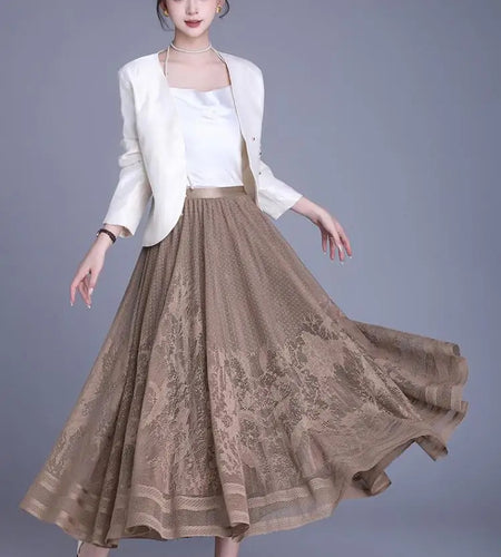 Spring Summer Women Vintage Black White Lace Elegant Long Skirts French Fashion Brown High Waist Vacation Pleated Skirt Popular