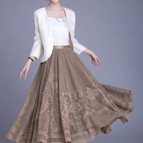 Load image into Gallery viewer, Spring Summer Women Vintage Black White Lace Elegant Long Skirts French Fashion Brown High Waist Vacation Pleated Skirt Popular
