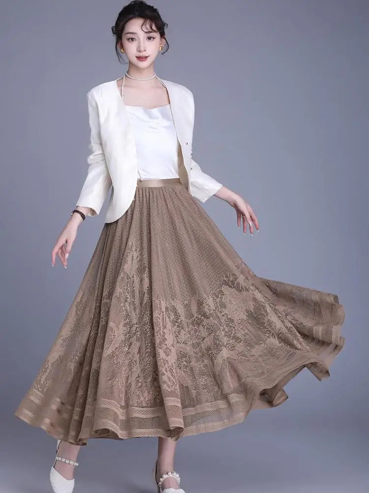 Spring Summer Women Vintage Black White Lace Elegant Long Skirts French Fashion Brown High Waist Vacation Pleated Skirt Popular