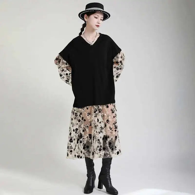 Women Pattern Printed Perspective Big Size Dress New V-Neck Long Sleeve Loose Fit Fashion Tide Spring Autumn 2025 1DE3176