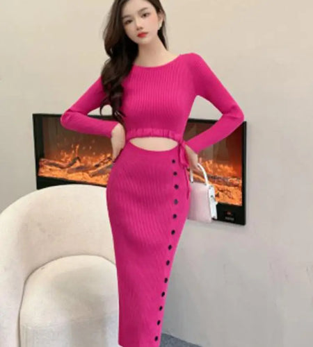 French Women Solid Elegant Festival Hollow Out Knit Dress Autumn Long Sleeve Slim Fashion Drawstring Lace-up Wrap Hip Dress Chic