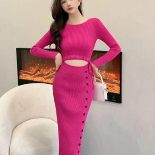 Load image into Gallery viewer, French Women Solid Elegant Festival Hollow Out Knit Dress Autumn Long Sleeve Slim Fashion Drawstring Lace-up Wrap Hip Dress Chic

