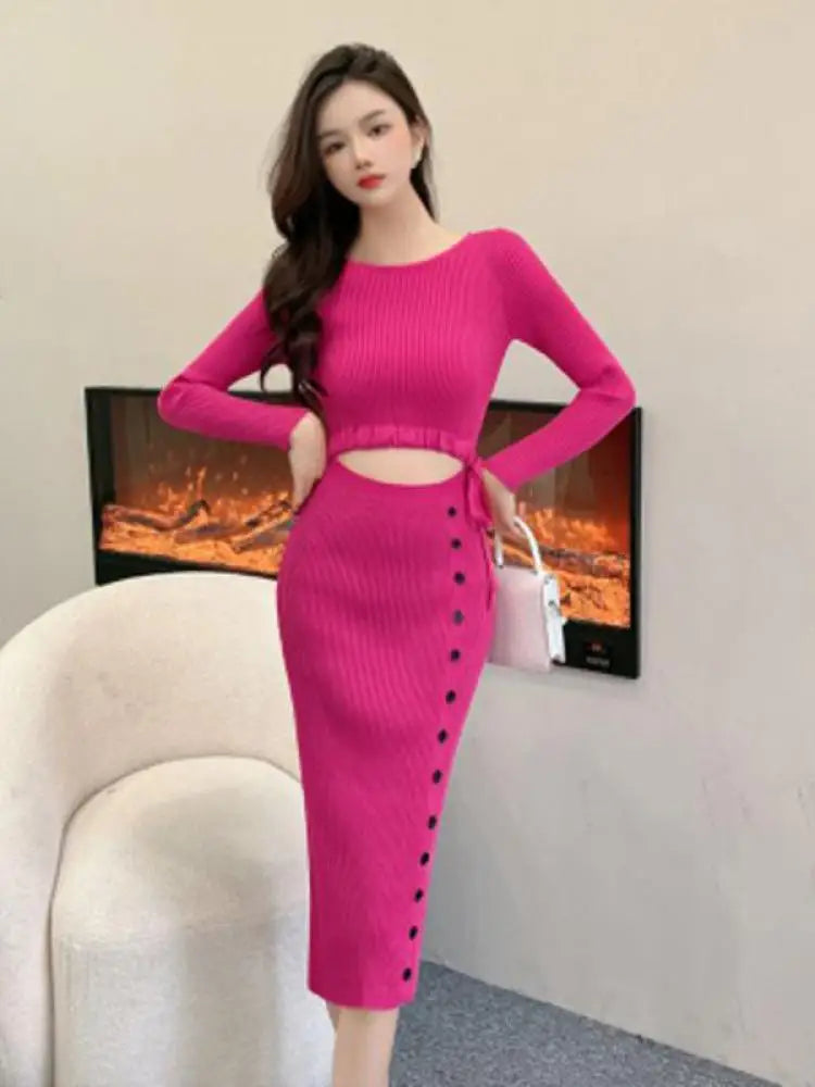 French Women Solid Elegant Festival Hollow Out Knit Dress Autumn Long Sleeve Slim Fashion Drawstring Lace-up Wrap Hip Dress Chic